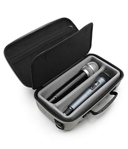 CASEMATIX Dual Wireless Microphone Case for Wireless Mic System Compatible with Sennhesier, Shure Microphones and More, Dual Mic Bag with Shoulder Strap and Hard Shell Gray Exterior