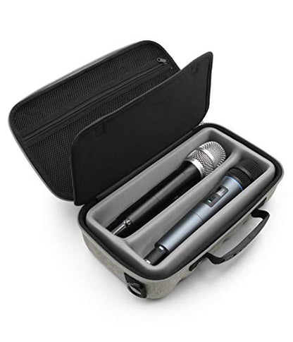 CASEMATIX Dual Wireless Microphone Case for Wireless Mic System Compatible with Sennhesier, Shure Microphones and More, Dual Mic Bag with Shoulder Strap and Hard Shell Gray Exterior