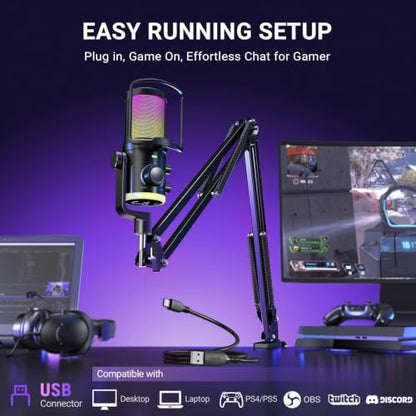 FIFINE AM6T Gaming USB Condenser Mic for PC | ChatMix Dial (Balance Game & Chat Audio), Noise Cancellation, RGB, Quick Mute, Gain Knob, Boom Arm for Streaming on Twitch