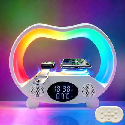 IHAO 6in1 Multi Functional Wireless Charger Bluetooth Speaker Time&Temperature Display Alarm Clock 7-Color LED Night Lights Fast Charger for Phone Apple Watch Earbuds Remote Control-White - color: Wireless Charger Alarm Clock Zs932 White