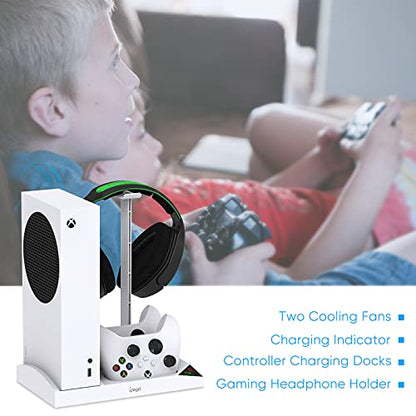 FYOUNG Upgraded Vertical Cooling Fan Stand for Xbox Series S | Cooler Fan System Dual Controller Charging Dock Station with 2 x 1400mAh Rechargeable Battery Pack, Headphone Bracket