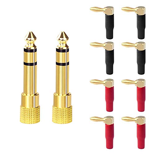 VCE 2 Pack 6.35mm to 3.5mm Male to Female Stereo Jack Adapter Bundle with 8 Pack Right Angle Banana Plugs, 90 Degree 4mm Gold Plated Dual Screw Type Speaker Connector