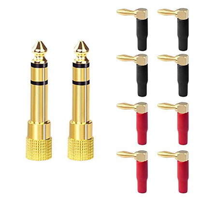 VCE 2 Pack 6.35mm to 3.5mm Male to Female Stereo Jack Adapter Bundle with 8 Pack Right Angle Banana Plugs, 90 Degree 4mm Gold Plated Dual Screw Type Speaker Connector