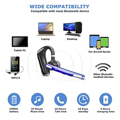 Bluetooth Headset V5.0, Wireless Bluetooth Earpiece 24Hrs HD Calling,CVC8.0 Dual Mic Noise Cancelling, Hands-Free Bluetooth Earphone for Driving/Business/Office (Blue)