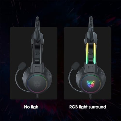 Lightweight Gaming Headset, RGB Lighting, Wired Over Ear Headphones with Mic for PC Laptop PS4 PS5 Switch, Stereo Surround Sound, Self-Adjusting Headband, Black Deer Ear - color: Black Deer Ear