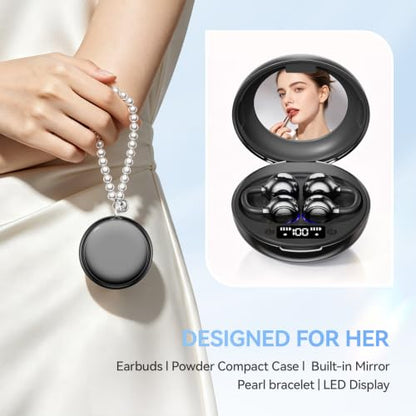 Open Ear Clip On Earbuds Wireless Headphones with Mirror(Black) - color: Black