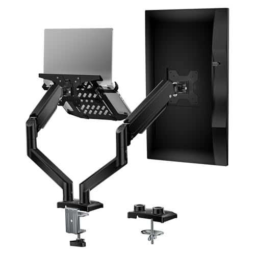 WALI Laptop Desk Mount, Dual Monitor Arm with Laptop Holder, Adjustable Height Laptop Arm Mount for Desk, Fits 17” Notebook and 32” Monitors, Up to 22Lbs (GSMP002LP), Black | Dual Monitor Arm with Laptop Holder, Adjustable Height Laptop Arm mount for Desk