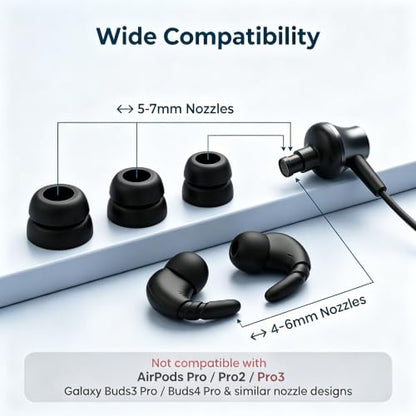 Double Flange Ear Tips & Anti-Slip Ear Hooks, Universal Replacement Kit | 6 Pairs L/M/S Silicone Earbuds Tips + 2 Pairs Sports Ear Hooks for In-Ear Headphones, Noise Isolating, Secure Fit, Black