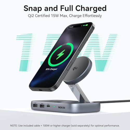 MOKiN USB C Hub with 15W Qi2 Wireless Charger, Laptop Docking Station to 4K HDMI, 100W PD, 10Gbps Ports, 15W+5W Wireless Charging Stand for iPhone 16/15/14/13 & Airpods, USBC Dock for MacBook/Windows