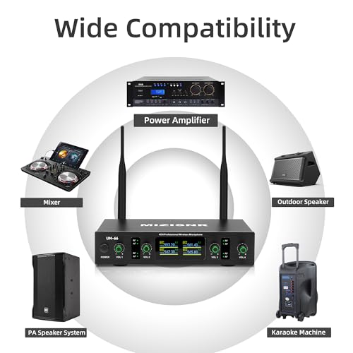 UHF Wireless Microphone Systems, 4 Channels Cordless Handheld Dynamic Karaoke Mic Set, Auto Connect 300ft Range Transmission for Singing, Karaoke, DJ Party, Church, Wedding, PA Speaker