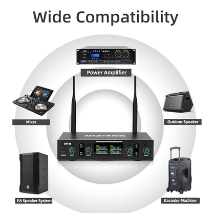 UHF Wireless Microphone Systems, 4 Channels Cordless Handheld Dynamic Karaoke Mic Set, Auto Connect 300ft Range Transmission for Singing, Karaoke, DJ Party, Church, Wedding, PA Speaker