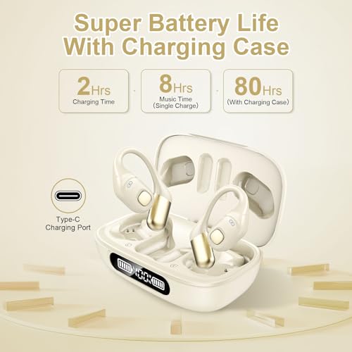 Open Ear Earbuds, Bluetooth 5.3 Wireless Air Conduction Headphones with Mic, LED Display Charging Case&Fast Charging, Ultra-Light Weight, 80H Playtime Earbuds for Work, Sports (White) - color: White
