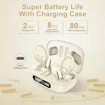 Open Ear Earbuds, Bluetooth 5.3 Wireless Air Conduction Headphones with Mic, LED Display Charging Case&Fast Charging, Ultra-Light Weight, 80H Playtime Earbuds for Work, Sports (White) - color: White