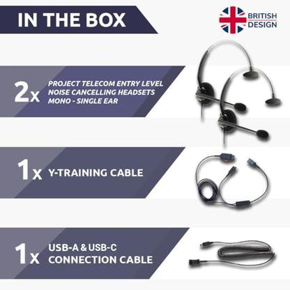 Project Telecom USB-A & USB-C, 2 Users, Monaural Noise Cancelling, Headset Splitter Training Supervising Coaching Bundle - Compatible with Microsoft Teams, Zoom, Cisco Webex, VoIP Apps - style: Monaural
