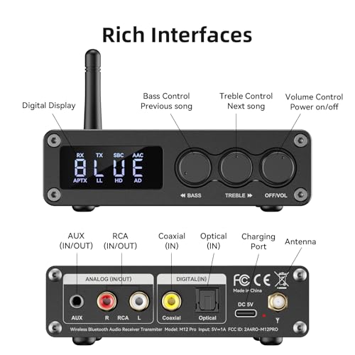 M12 Pro Pre Bluetooth 5.2 Transmitter Receiver for TV, Home Stereo, BT Headset, Low Latency HD Bluetooth Audio Decoder Adapter with Display, RCA, 3.5mm AUX, Coaxial, Optical Inputs/Outputs - style: M12 Pro