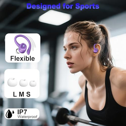 Wireless Earbuds Bluetooth Headphones Sport, Bluetooth 5.3 Earbud 3D HiFi Stereo Over Ear Buds, 48Hrs Earhooks Earphone with Noise Cancelling Mic, IP7 Waterproof Headset for Workout/Running/Gym - color: pure dark purple