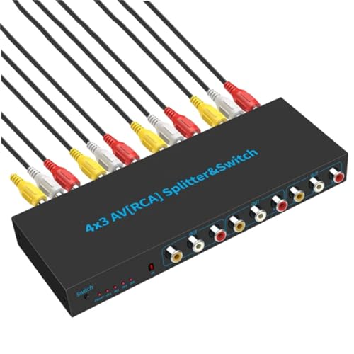 DC 5V 1A AV RCA Switcher 4 in 3 Out RCA Splitter with 4-Way Audio Composite Video L/R Stereo Audio AV Selector Box