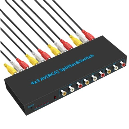 MOUDOAUER AV Switch RCA Switcher, 4 in 3 Out Video L/R Audio Selector Box for DVD STB Game Consoles