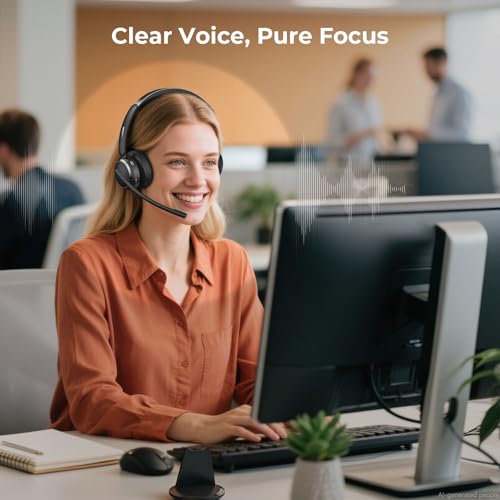 Wireless Headset with Mic for Work, Bluetooth 6.0 Headset with Microphone for PC, 65H AI Noise Cancelling Mic, 60ft Range, USB Dongle & Charging Base, On-Ear Headphones for Teams Zoom Call Center