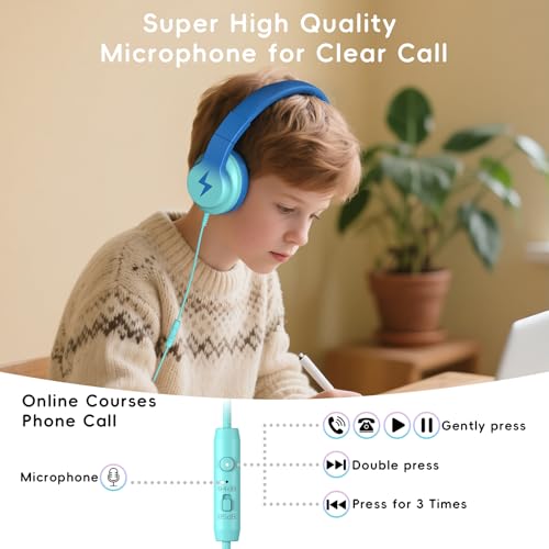 Candy Bila Wired Kids Headphones for School, Over-Ear for Boys Girls | Volume Limiter 85/94dB, HD Stereo Sound, Microphone and Wired Control, Foldable Design, Gradient Blue - color: Gradient Blue