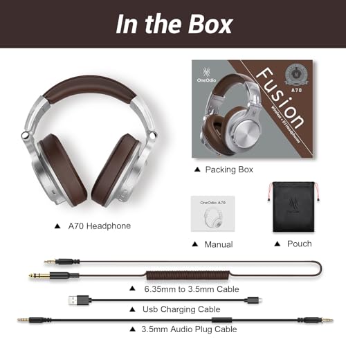 OneOdio A70 Bluetooth Over-Ear Headphones, Hi-Res Wired DJ Studio - Silver | Wireless over-ear headphones with 72H playtime, 3.5mm/6.35mm wired jacks for studio monitoring, mixing, guitar, amp and PC - color: Silver