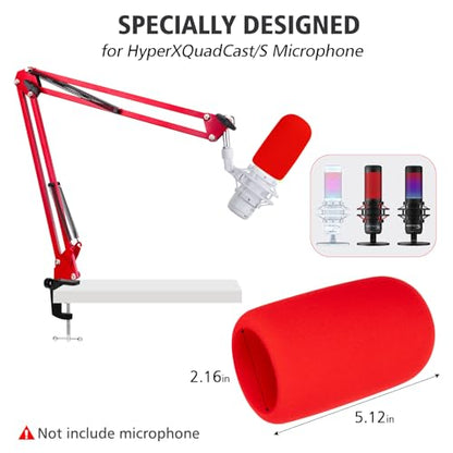 SUNMON HyperX QuadCast Boom Arm - Red Boom Arm for Hyper x QuadCast with Red QuadCast Pop Filter, Sound Insulation and Noise Reduction, HyperX QuadCast Microphone Arm with 3/8" to 5/8" Adapter