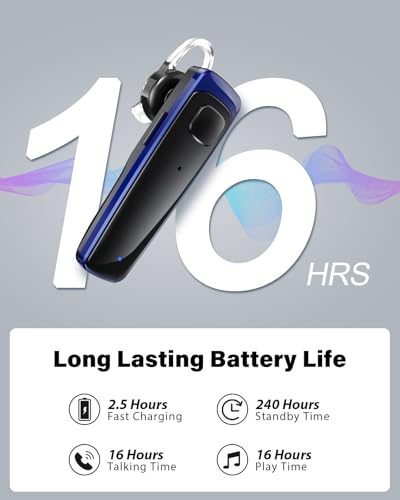 Bluetooth Earpiece V5.3, Wireless Handsfree Headset with Mic, CVC8.0 Noise Cancelling Wireless Earbud Single-Ear Earphone, 16 Hrs Driving Headset for Android,iOS, Laptop, Office, Truck Driver,Business - color: Blue