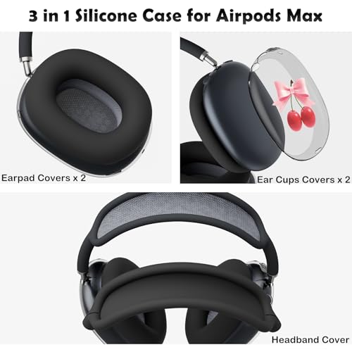 for AirPods Max Headphones Cherry Bow Ear Covers for AirPods Max 2 | Cute Clear Ear Cups Cover | Black Silicone Ear Pad Case Headband Cover for Apple AirPods Max 2/1 (2026/2024/2020) - color: Cherry Bow J/Black