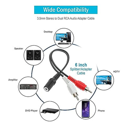 QualConnect 3.5mm Stereo to Dual RCA Audio Adapter Cable, 3.5mm Female to Dual RCA Male (Red/White), 6 inch