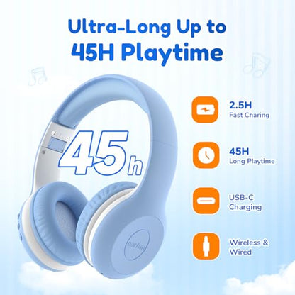 EarFun K2 Kids Bluetooth Headphones for School, Kids Headphones with Mic | Volume Limited, 40H Playtime, Built-in Mic, Stereo Sound, Foldable Over-Ear Headphone for Kids/Toddler/Travel/Tablet Sky Blue - color: Sky Blue