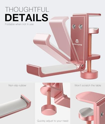 Foldable Headphone Stand and Hook – Aluminum Headset Holder Clamp Mount Under Desk, Universal Fit for Gaming Headphones, Space-Saving Hanger Organizer - color: Pink