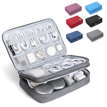 Electronic Organizer Travel Case, Double Layer Cable Organizer Bag | Double-layer design with adjustable dividers, mesh pockets and elastic loops for chargers, cables, power banks and gadgets - color: gray