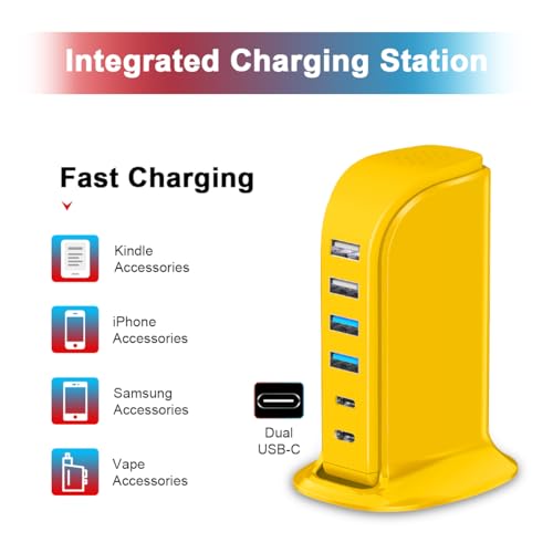45W USB Charging Station, 6-Port Hub with 4 USB-A & 2 USB-C Ports, 5ft Cable, Yellow - color: yellow usb c charger block