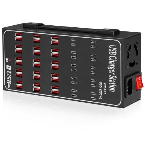 250W USB~c Charging Station, 50 Port (30 USB A & 20 USB~C Port) USB~C Charger Block, Fast Charging Station for Multiple Devices, Desktop USB Charger Compatible for iPhone, iPad, Tablets