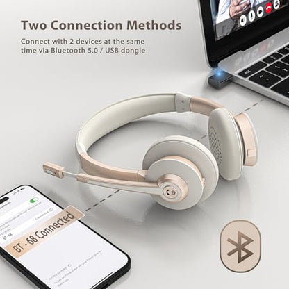 Wireless Headset, Bluetooth Headphones with Microphone AI Noise Canceling/Charge Dock, Wireless Headset with Mic Mute & USB Dongle for Computer Phone Remote Work Office Call Meeting Teams