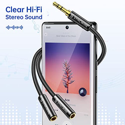 Headphone Splitter, Syncwire Nylon-Braided 3.5mm Extension Cable Audio Stereo Y Splitter (Hi-Fi Sound), Male to 2 Ports Female Headset Splitter for Apple, Samsung, Tablets & More (No Mic) | Extension Cable Audio Stereo Y Splitter (Hi-Fi Sound), Headset Sp