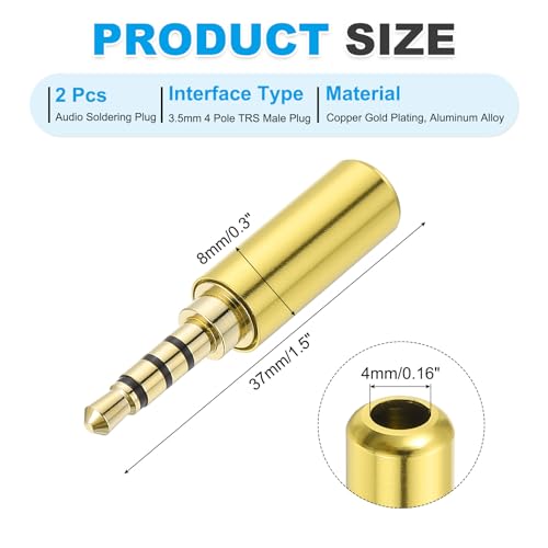 MECCANIXITY 2Pcs 3.5mm Replacement Repair Plug Jack, 4 Pole Metal Stereo Male Plug 3.5mm Solder DIY Audio Cable Connector for Headphone Earphone Microphone Cable Repair, Golden - color: Golden