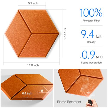 12 Pack Self-Adhesive Acoustic Panels 12" X 10" X 0.4" - Sound Proof Foam Panels with High Density, Y-Lined Design, Flame Resistant, Absorb Noise and Eliminate Echoes(Tangerine) - color: Tangerine, size: Y-Cut Hexagon 12 Pack