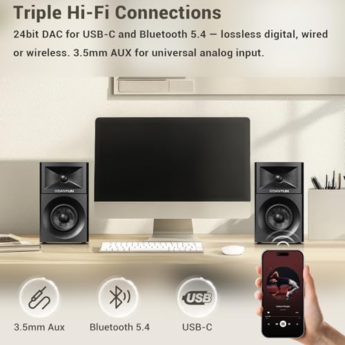Sanyun SW203 3" 2.0 Computer Speakers, Expanded Stereo Field, Triple-DSP | Built-in 24bit DAC, USB-C/Bluetooth 5.4/AUX, 60W Carbon Fiber Woofer & Silk Dome Tweeter, for Desktop PC Gaming (Pair, Red) - color: Red