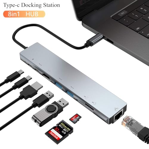 USB-C Docking Station, 10-in-1 Triple Display USB-C hub with 4K HDTV+PD 87W+RJ45 Ethernet+SD/TF+Audio+USB 3.0 - color: 8 in 1, size: 1.2m