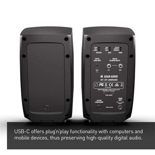 ADAM Audio D3V Active Desktop Studio Monitor Speakers - Black | USB-C, D-ART Tweeter, 3.5in Woofer, 240W, 45Hz-23kHz, 97dB SPL, Balanced TRS, Headphone Out - style: D3V Black
