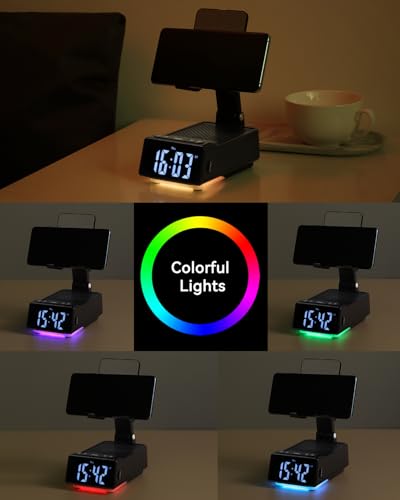 Birthday Gifts for Women Men, 7 in 1 Multi-Function Phone Stand with Bluetooth Speaker, Portable Charger Alarm Clock LED Light USB Playback Hands-Free Calling (Black) - size: F30
