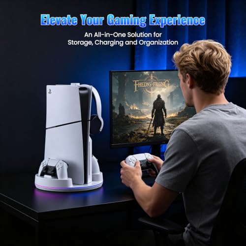 NEWDERY for PS5/Slim/Pro Console Stand with Controller Charger | Charging Station for PS5 Controllers, Adjustable RGB Light, for PS5 Controller Charger Stand, White - color: White
