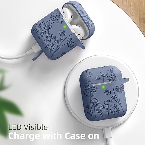 Lerobo for AirPod Case 2nd/1st Generation with Keychain for Women Girl | Flower Engraved Soft Silicone Shockproof Cover for AirPods 2 Case, Wireless Charging, Scratchproof, One-piece Design - color: Blue Gray
