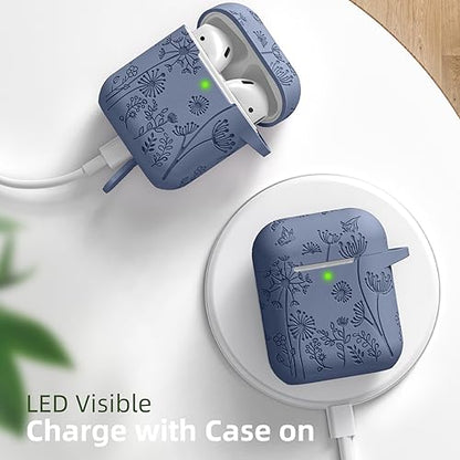 Lerobo for AirPod Case 2nd/1st Generation with Keychain for Women Girl | Flower Engraved Soft Silicone Shockproof Cover for AirPods 2 Case, Wireless Charging, Scratchproof, One-piece Design - color: Blue Gray