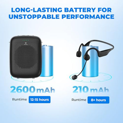 15W Portable Mini Bluetooth Voice Amplifier with Wireless Earhook Mic A007 | Hands-free Microphone, 15H Battery & Belt Clip for Teachers, Tour guides, Presentation, Coaching & Elderly