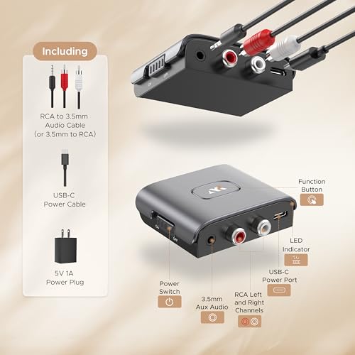 WARRKY Bluetooth Audio Receiver for Home Stereo RCA and 3.5mm Audio Jack, Bluetooth Audio Adapter for Speakers, Work for Sound System, Amplifier, Cars