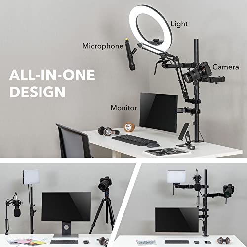 Mount-It! All-in-One Streaming Desk Mount – 4 Arm Setup for Monitor, Camera, Ring Light & Mic – Live Stream Equipment for YouTube, Podcast, Gaming, Zoom – VESA Compatible, Clamp/Grommet Base - size: 4 arm
