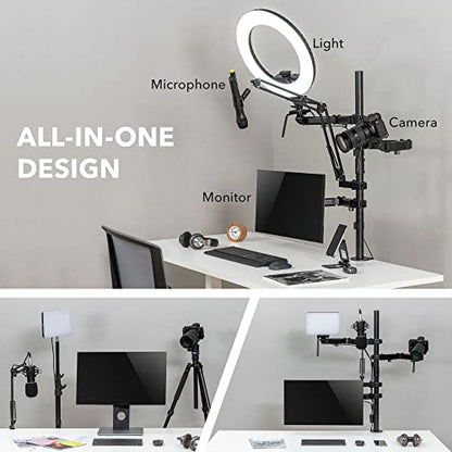 Mount-It! All-in-One Streaming Desk Mount – 4 Arm Setup for Monitor, Camera, Ring Light & Mic – Live Stream Equipment for YouTube, Podcast, Gaming, Zoom – VESA Compatible, Clamp/Grommet Base - size: 4 arm