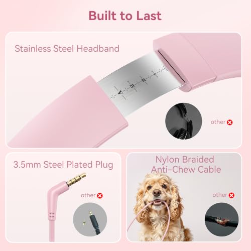 Wired Headphones with Microphone, Over Ear Lightweight Foldable 3.5mm Plug in Corded Headphones Wired with Volume Control, 4.9ft Tangle-Free Cord for Tablet Laptop MP3/4 School Travel Pink | Wired Over Ear Foldable Corded Headphones for Teens Classroom Tr